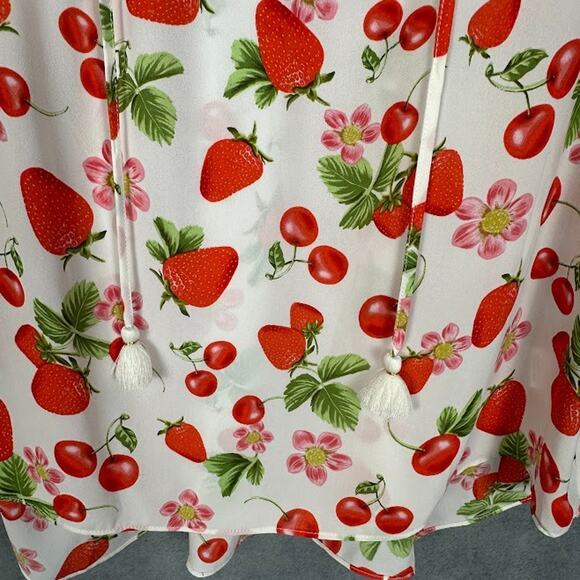 Rose Olive Top Womens 1X White Strawberry Cherry Ruffle Summer Preppy Whimsy - Picture 5 of 14